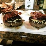 Burgers with Onion Jam, Gouda Cheese and Bacon.